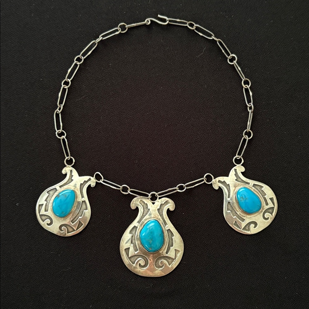 Handmade Navajo Silver and Turquoise Pendant Necklace by Silversmith Larry Elthe